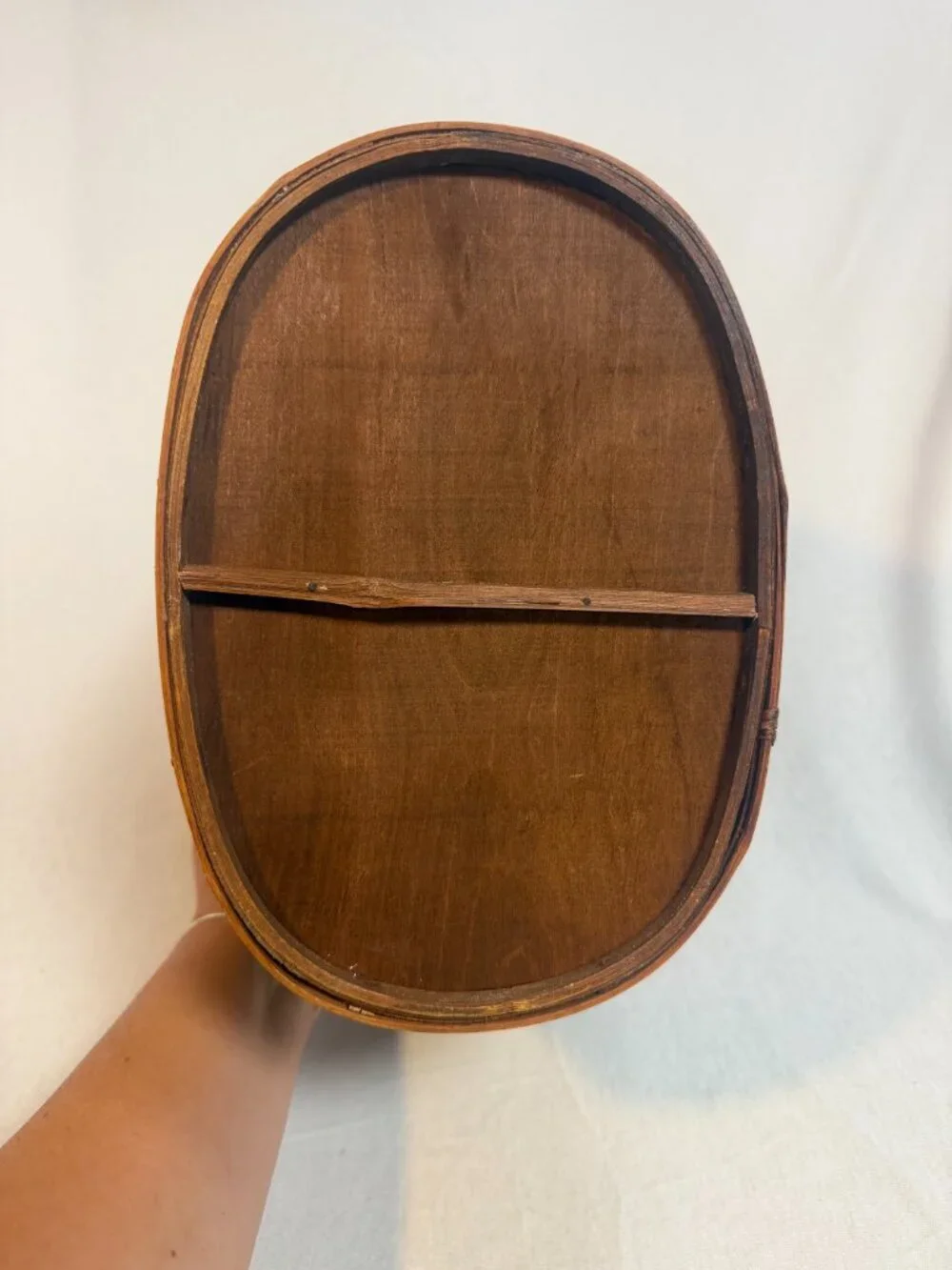 Primitive Bentwood Magazine Basket Rattan Handle Green Accent Early Country Tote